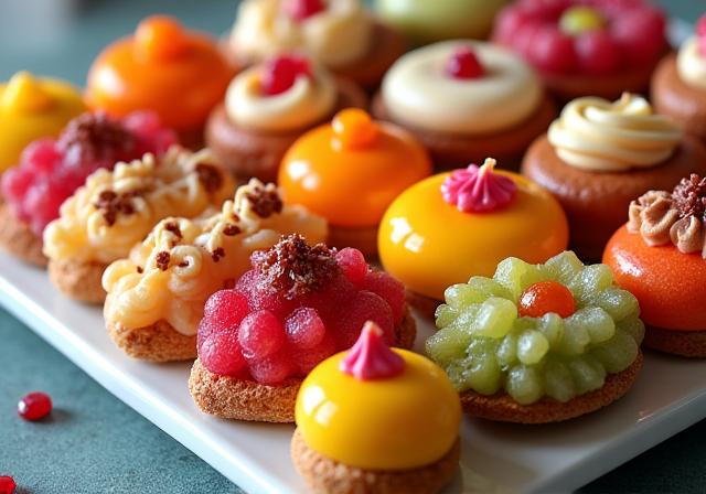 Ассортимент красочных пирожных на витрине.