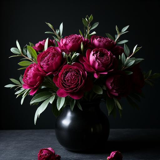 Драматичный букет из темных пионов и эвкалипта.