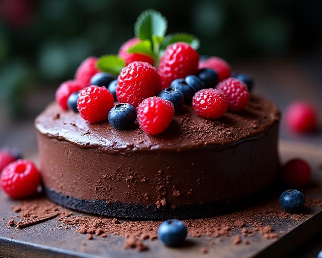 Шоколадный торт, украшенный свежими ягодами.