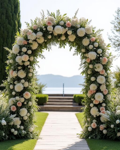 Роскошная свадебная арка, полностью покрытая цветами.