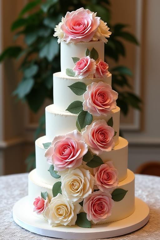 Многоярусный свадебный торт, украшенный живыми розами.